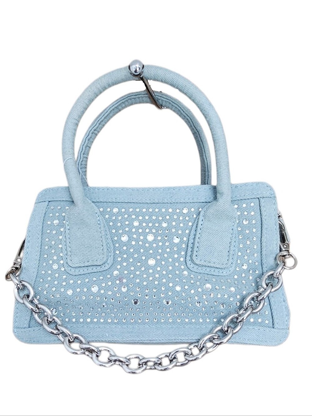 No Boundaries Light Blue Denim Studded Mini Top-Handle Bag with Chain